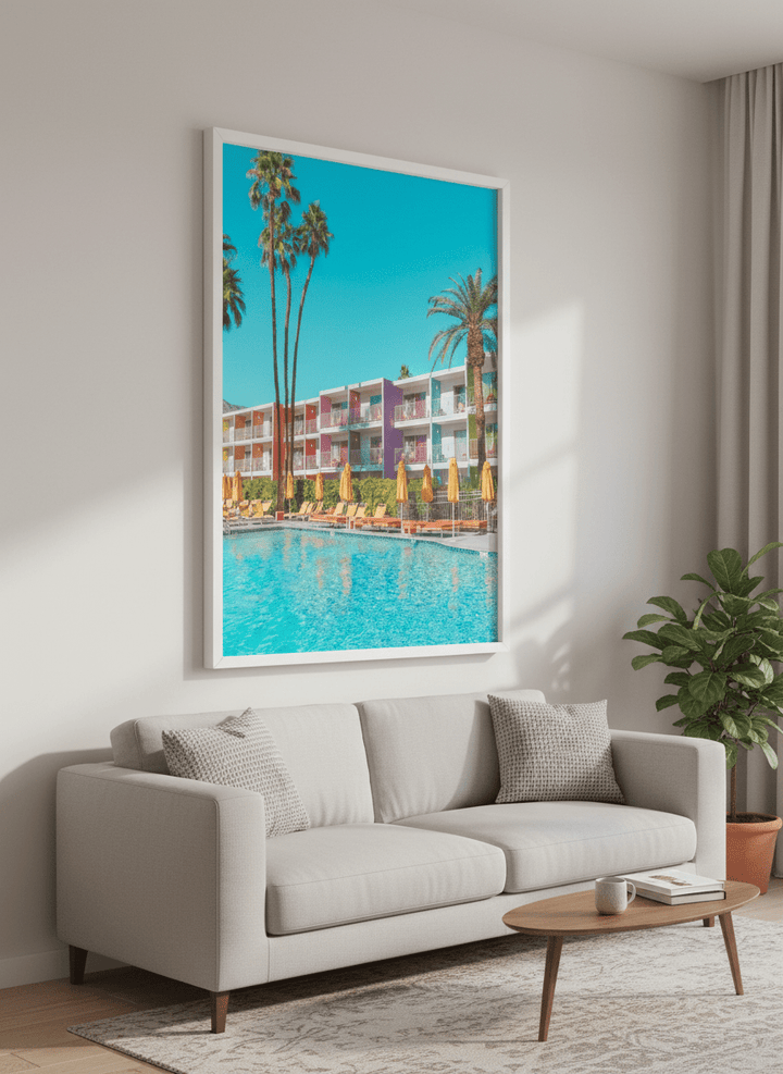 Modern wall art styled above a sofa in a neutral living room