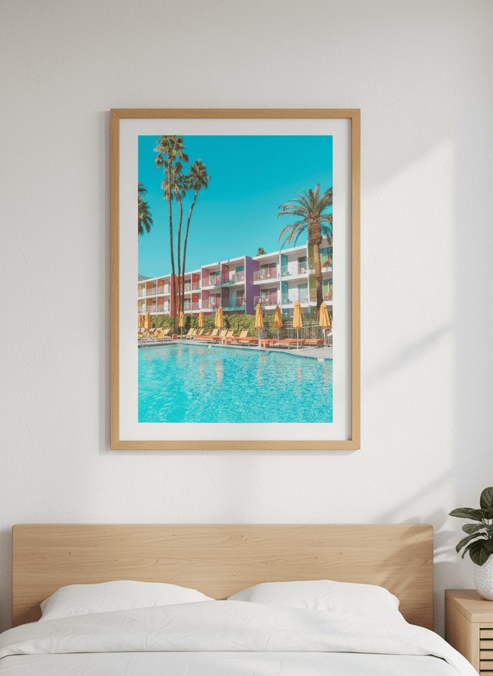 Minimalist artwork displayed in a calm, light-filled bedroom interior
