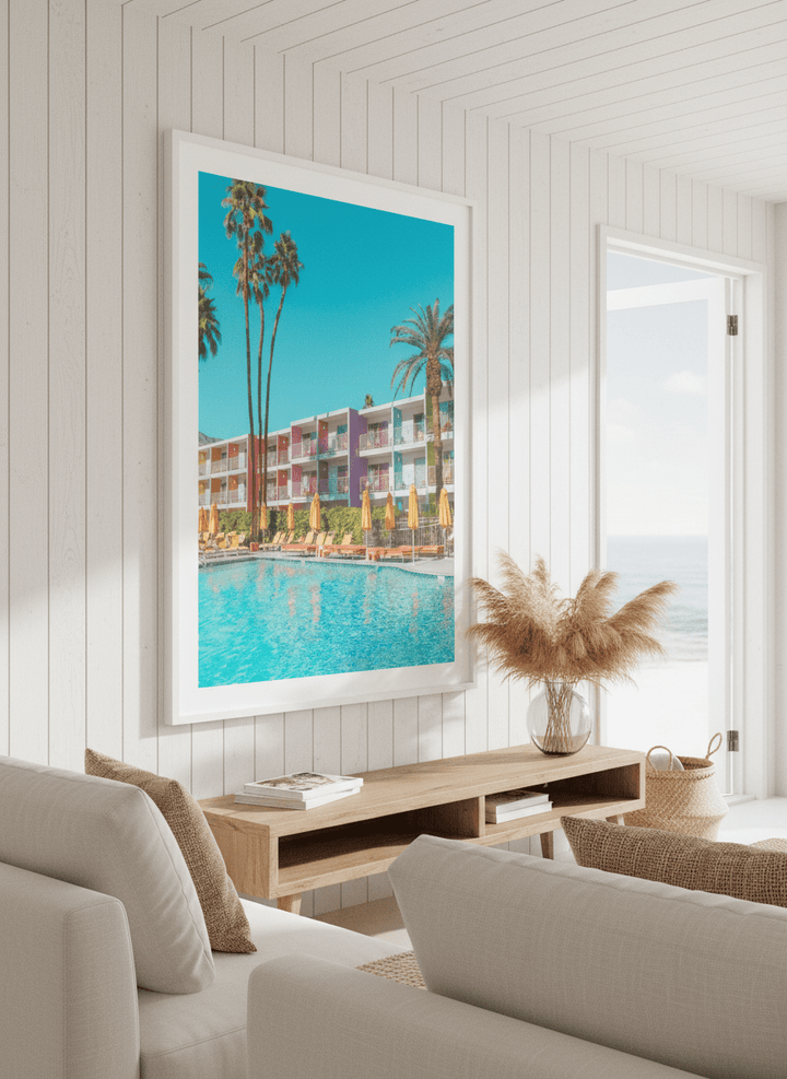Neutral wall art displayed in a sunny coastal beach house