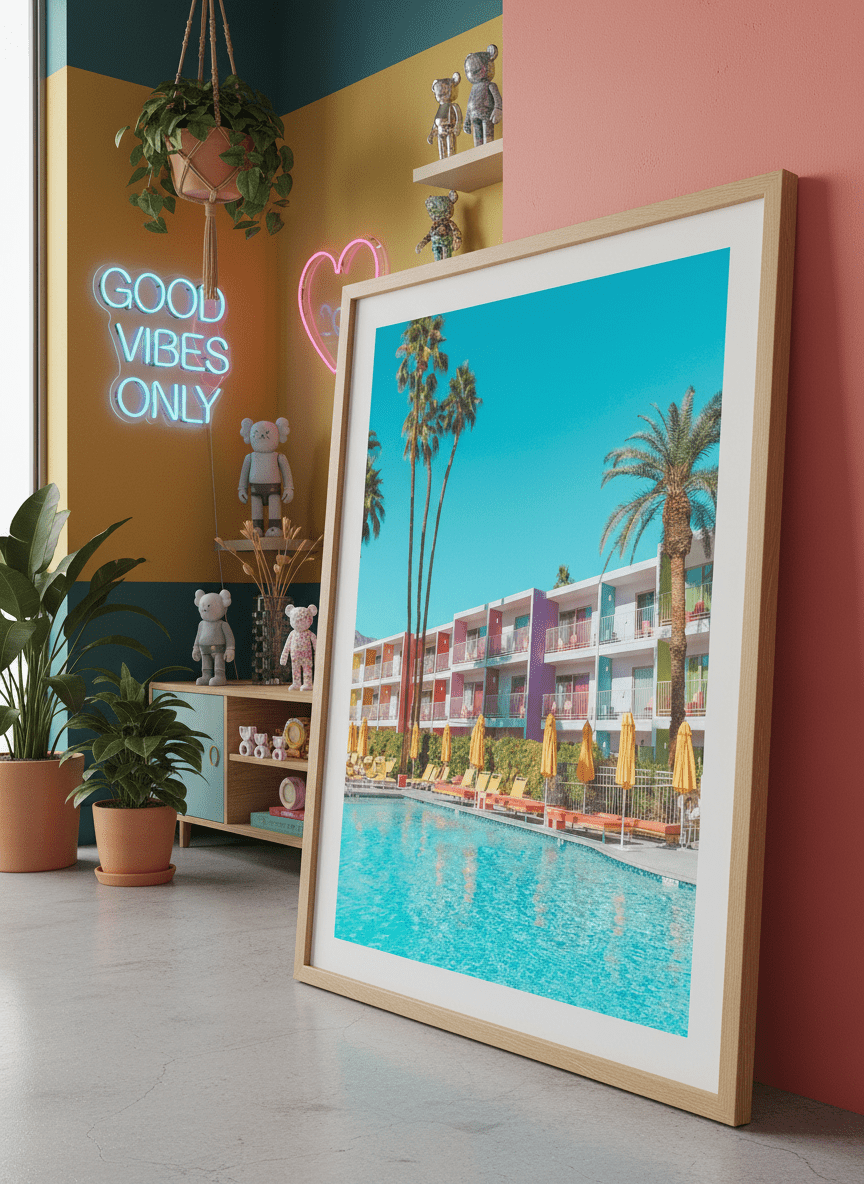Bold wall art styled in a colourful, eclectic modern home