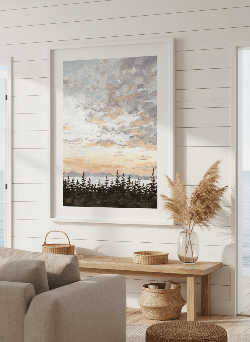 Neutral wall art displayed in a sunny coastal beach house