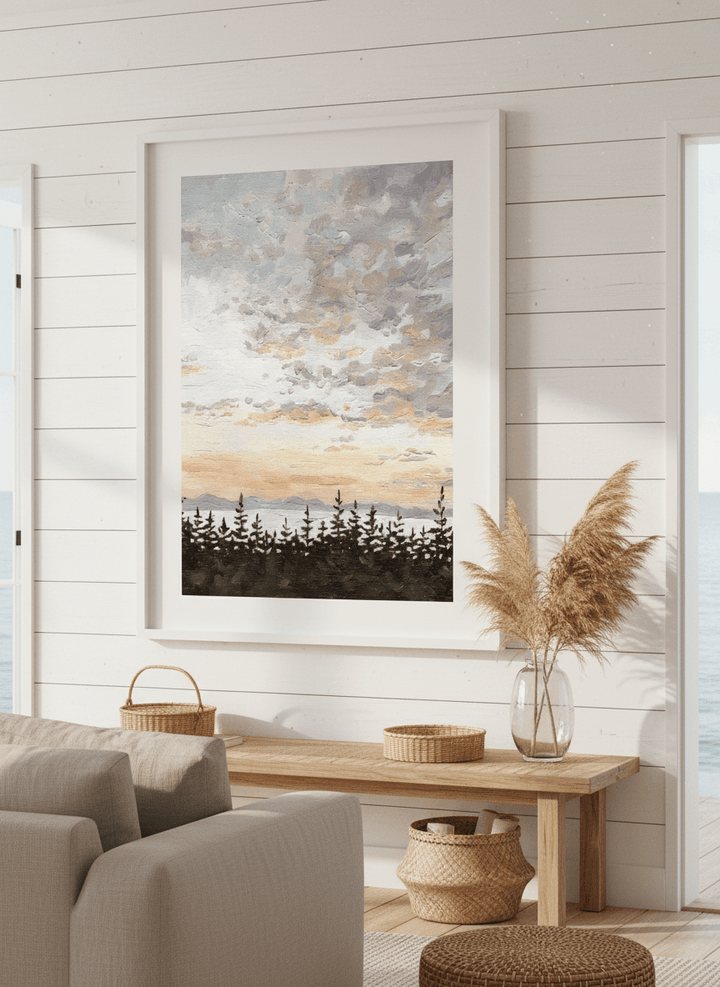 Neutral wall art displayed in a sunny coastal beach house