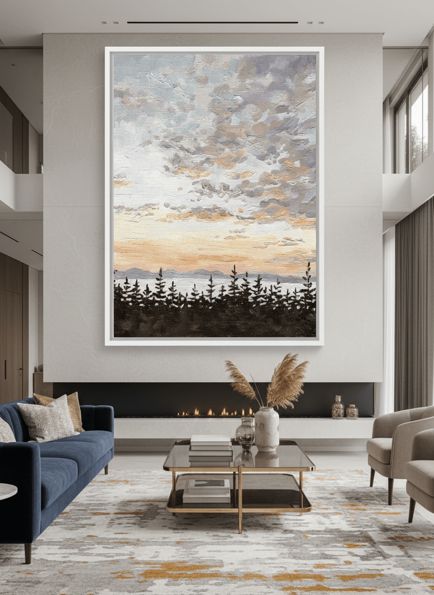 Monumental artwork centred on a feature wall in a luxe interior