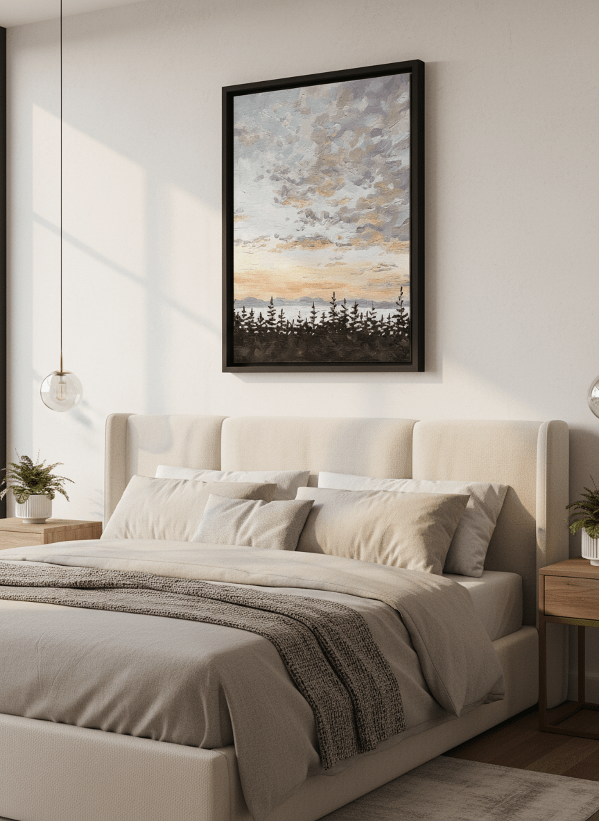 Minimalist artwork displayed in a calm, light-filled bedroom interior
