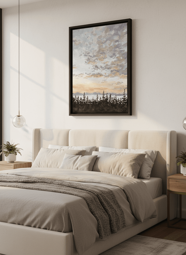 Minimalist artwork displayed in a calm, light-filled bedroom interior