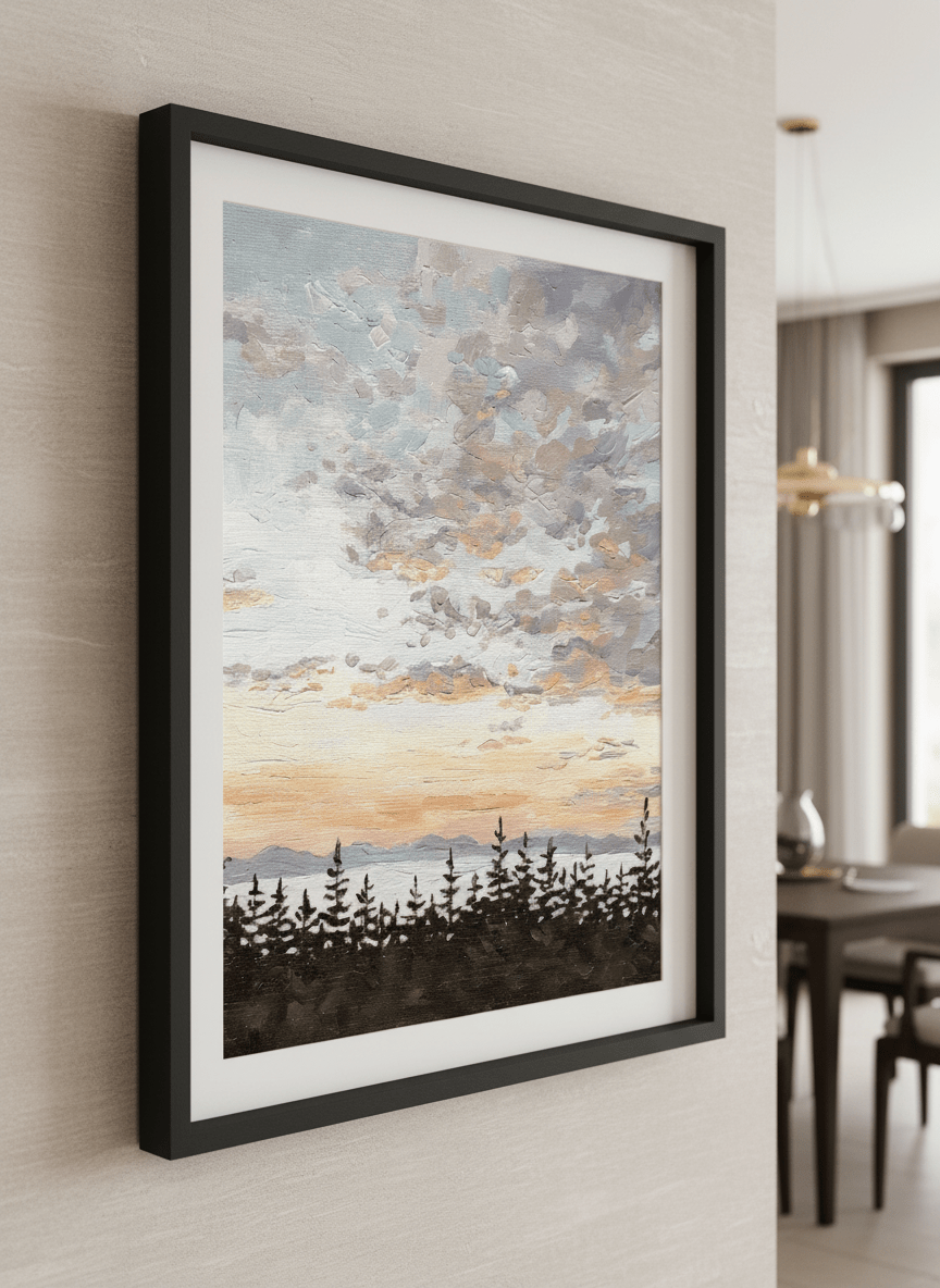 Wall art styled above a dining table in a contemporary home