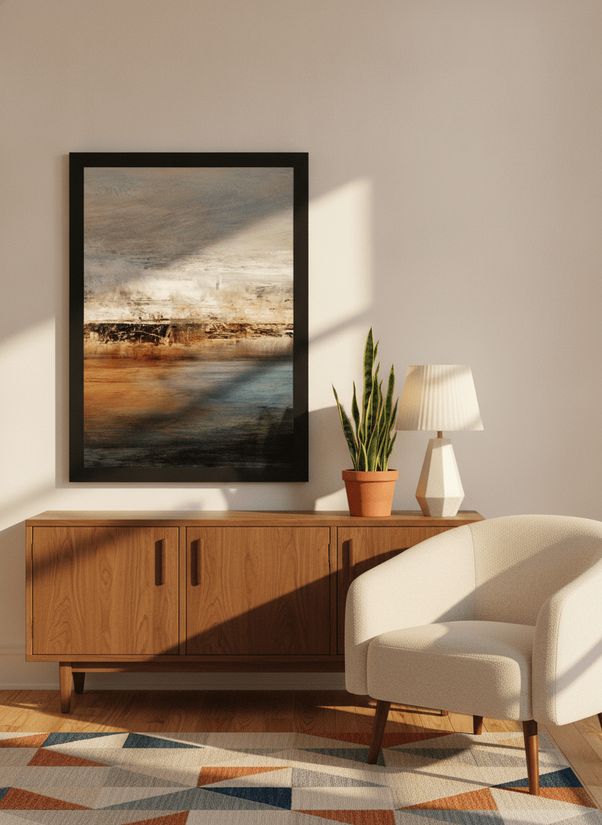 Modern wall art print styled on the wall in a mid-century living room