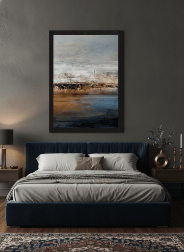 Oversized statement modern wall art print styled on the wall in a moody bedroom