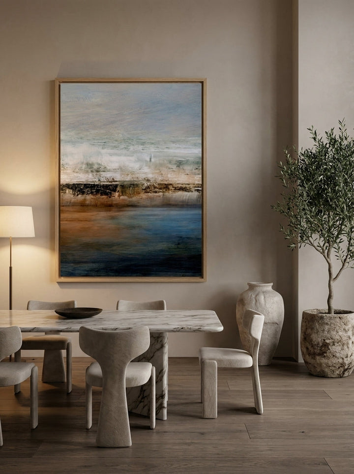 Oversized statement modern wall art print styled on the wall in a luxe dining room