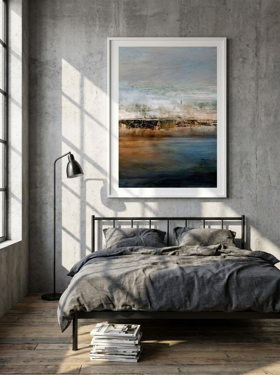 Modern wall art print styled on the wall in an industrial loft bedroom