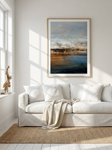 Modern wall art print styled on the wall in a coastal living room