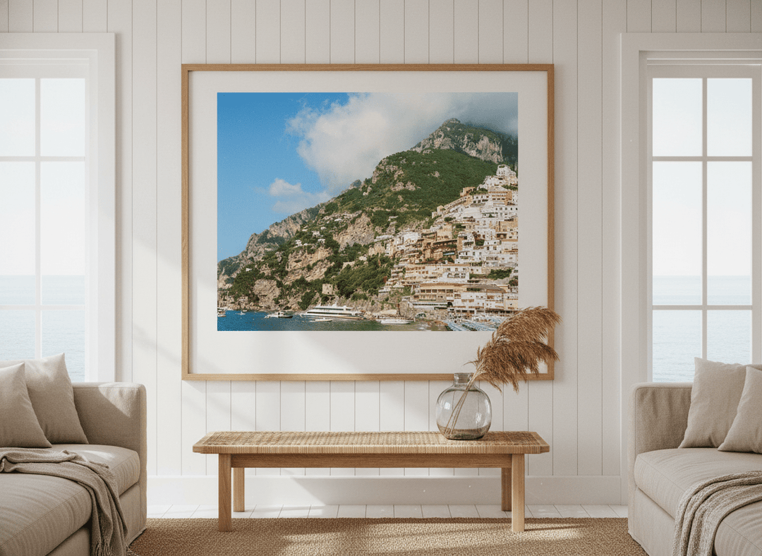 Neutral wall art displayed in a sunny coastal beach house