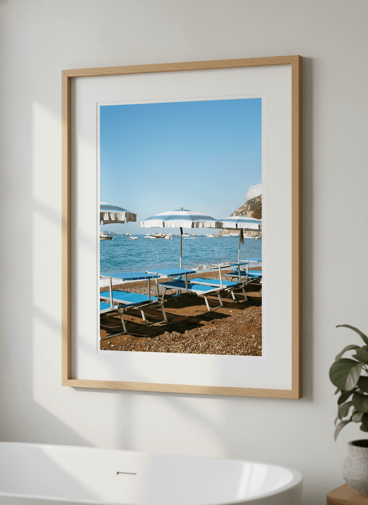 Modern print displayed in a clean minimalist bathroom setting