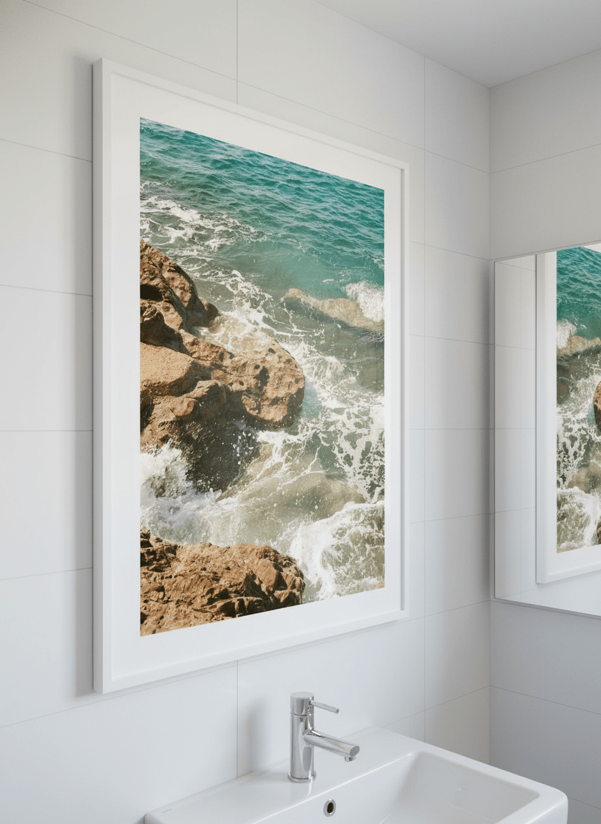 Modern print displayed in a clean minimalist bathroom setting