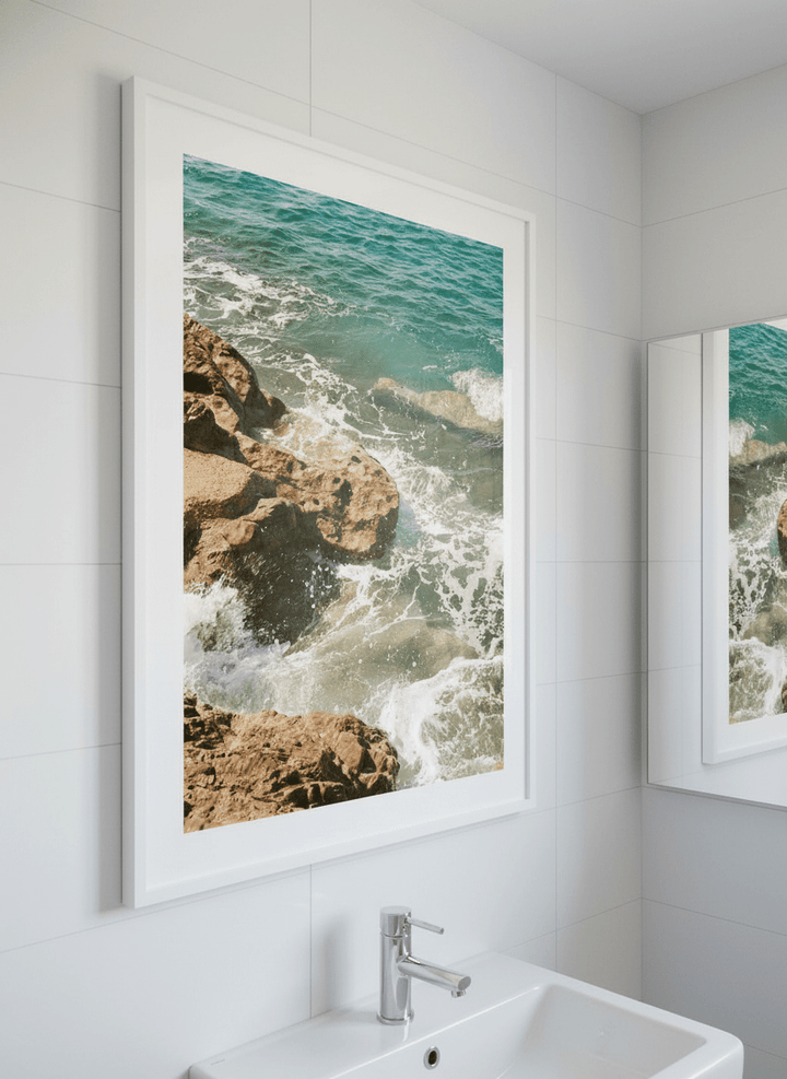Modern print displayed in a clean minimalist bathroom setting