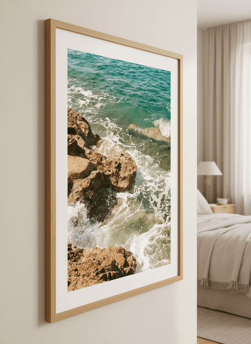 Minimalist artwork displayed in a calm, light-filled bedroom interior