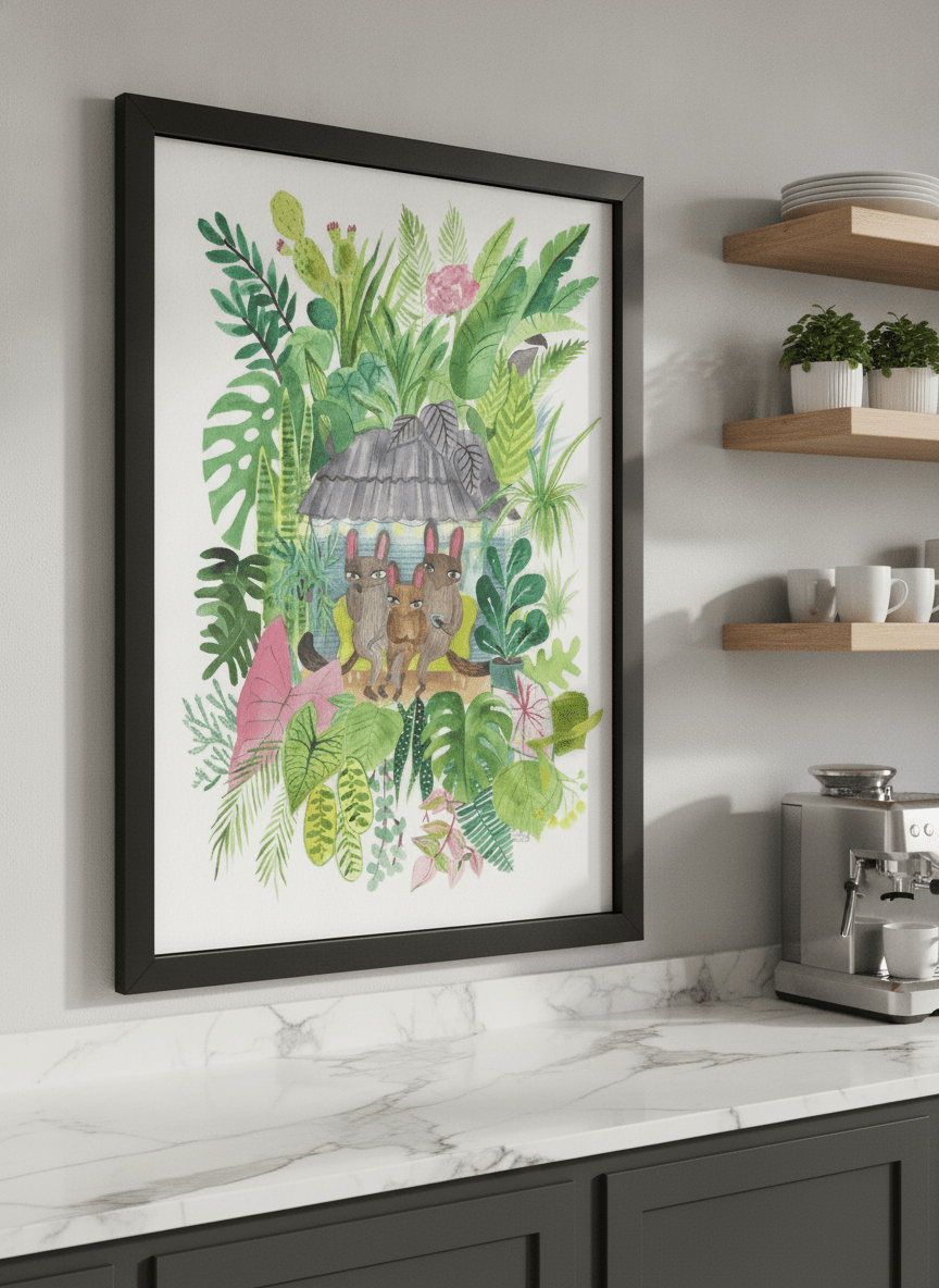 Artwork styled on the wall of a bright modern kitchen