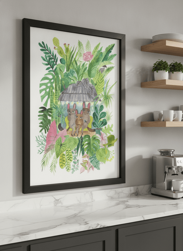Artwork styled on the wall of a bright modern kitchen