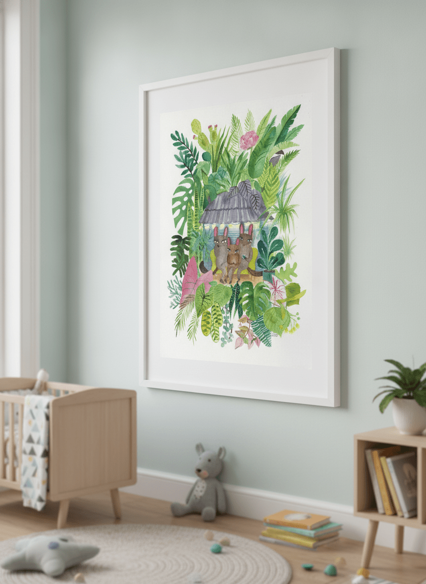 Soft neutral wall art styled in a serene nursery with pastel tones