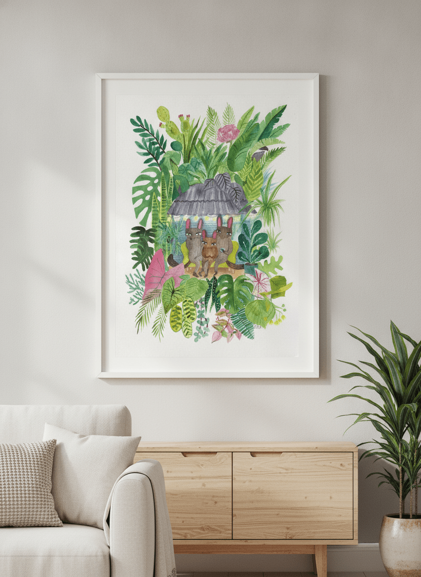 Modern wall art styled above a sofa in a neutral living room