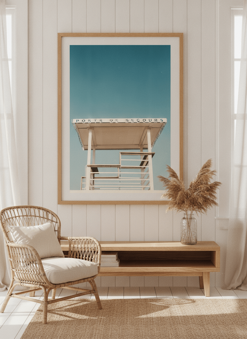 Neutral wall art displayed in a sunny coastal beach house