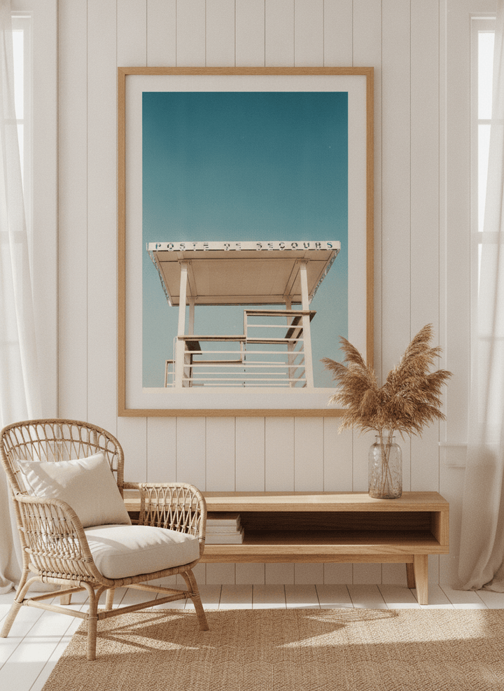 Neutral wall art displayed in a sunny coastal beach house
