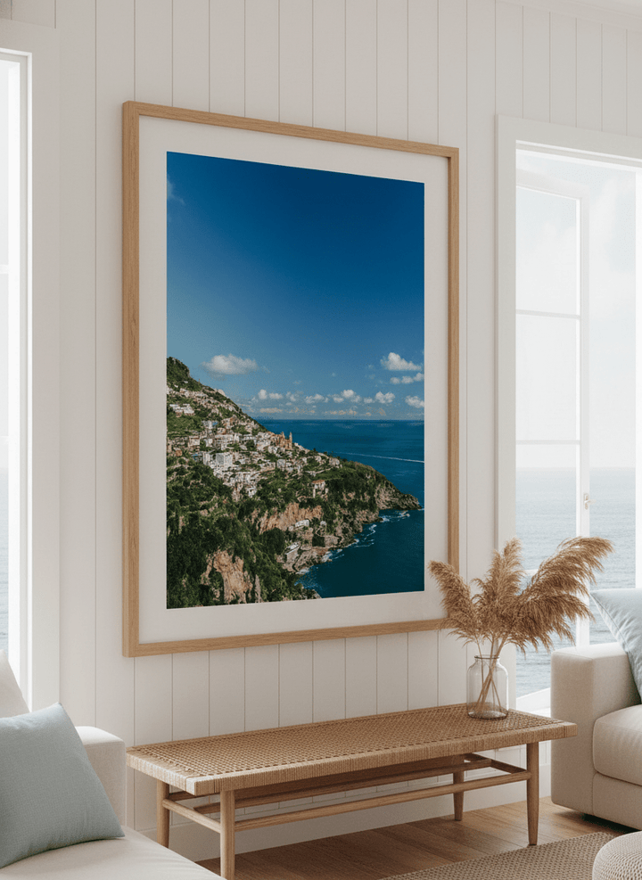 Neutral wall art displayed in a sunny coastal beach house