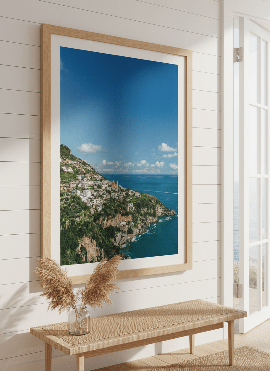 Neutral wall art displayed in a sunny coastal beach house