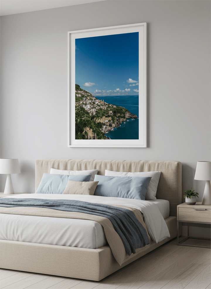 Minimalist artwork displayed in a calm, light-filled bedroom interior