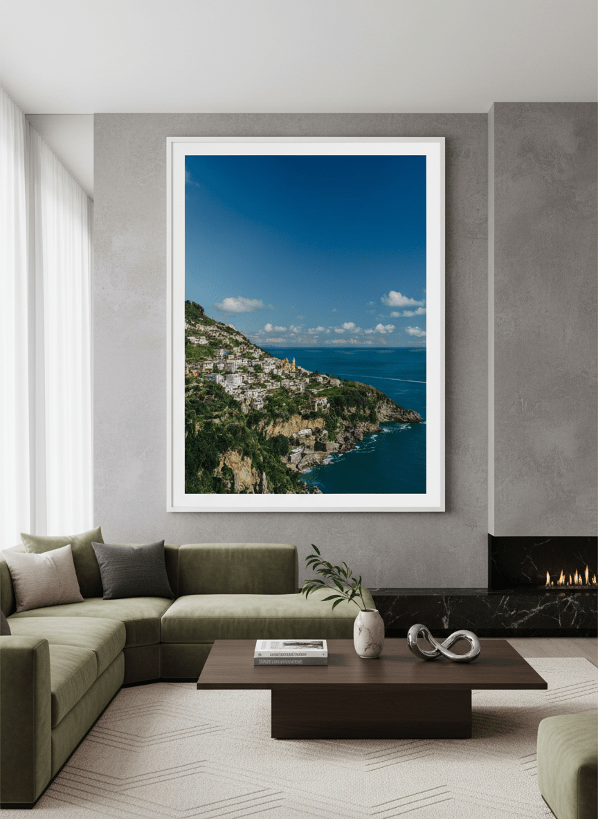Monumental artwork centred on a feature wall in a luxe interior