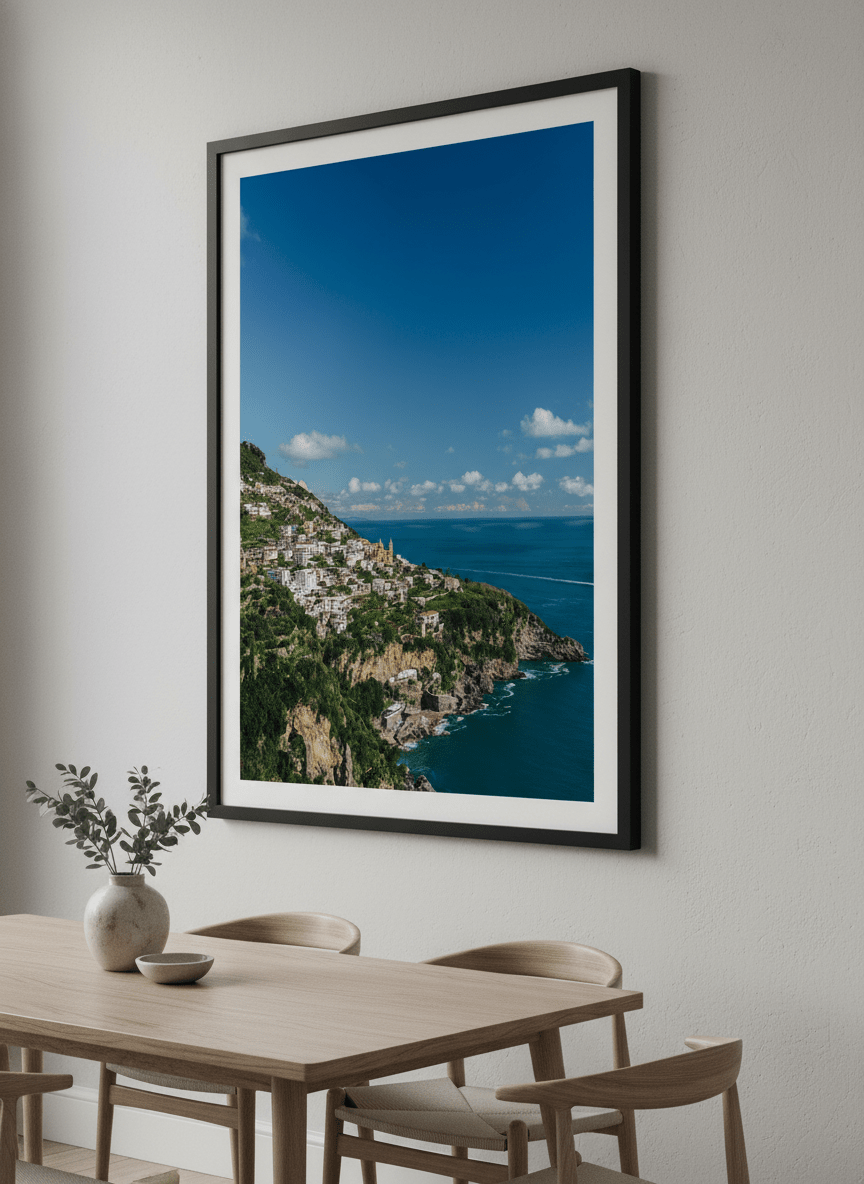 Wall art styled above a dining table in a contemporary home