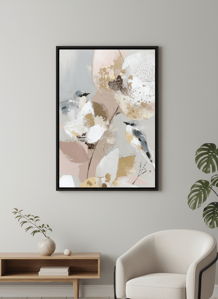 Modern wall art styled above a sofa in a neutral living room