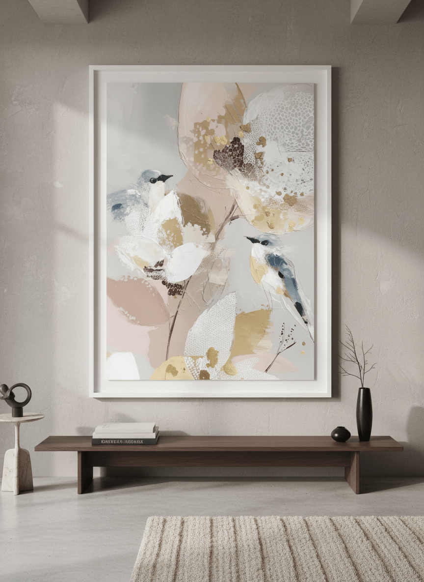 Monumental artwork centred on a feature wall in a luxe interior