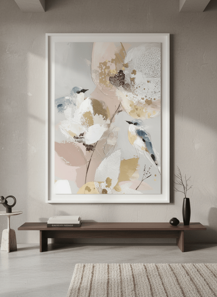 Monumental artwork centred on a feature wall in a luxe interior