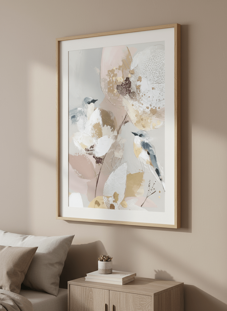 Minimalist artwork displayed in a calm, light-filled bedroom interior