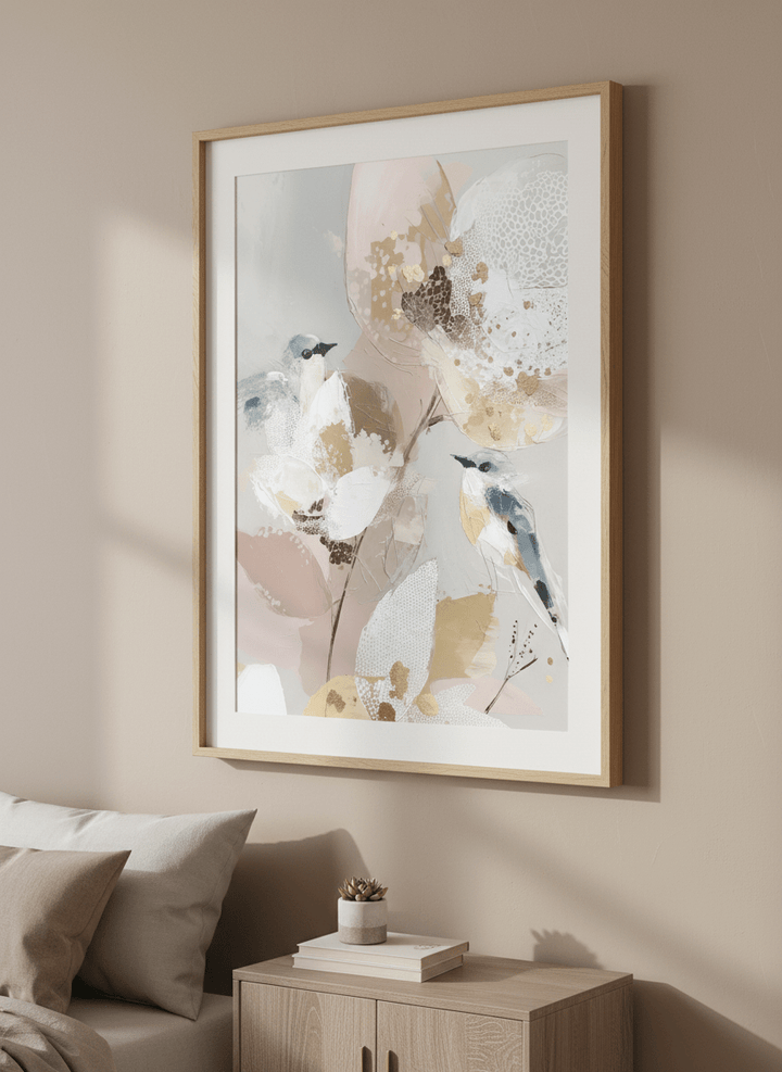 Minimalist artwork displayed in a calm, light-filled bedroom interior