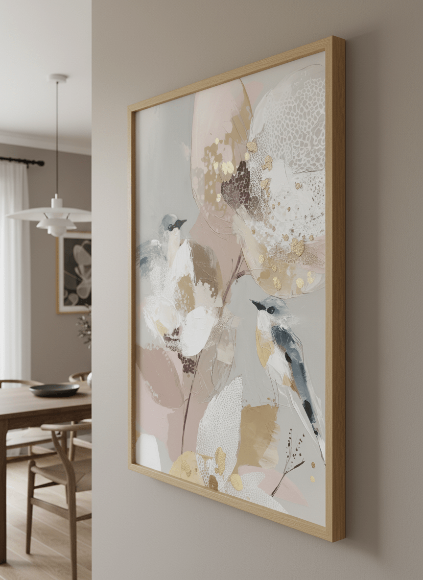 Wall art styled above a dining table in a contemporary home