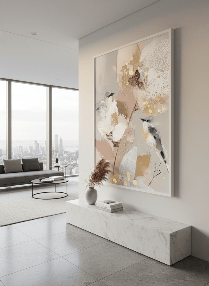 Monumental artwork centred on a feature wall in a luxe interior