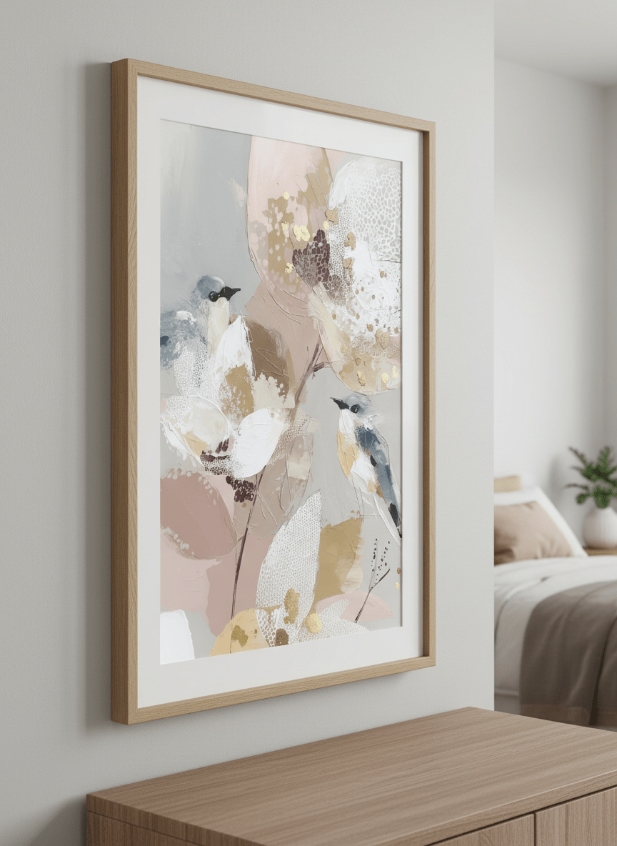 Minimalist artwork displayed in a calm, light-filled bedroom interior