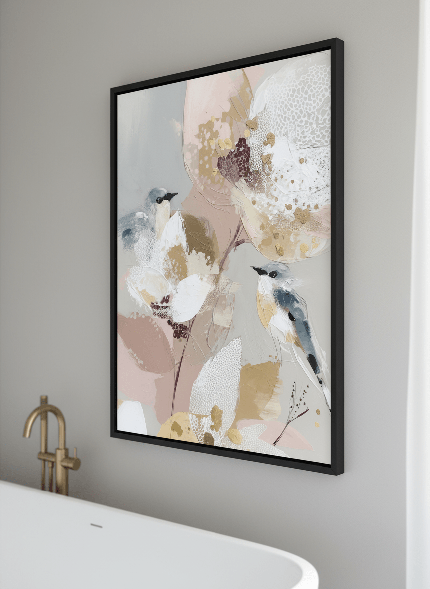 Modern print displayed in a clean minimalist bathroom setting