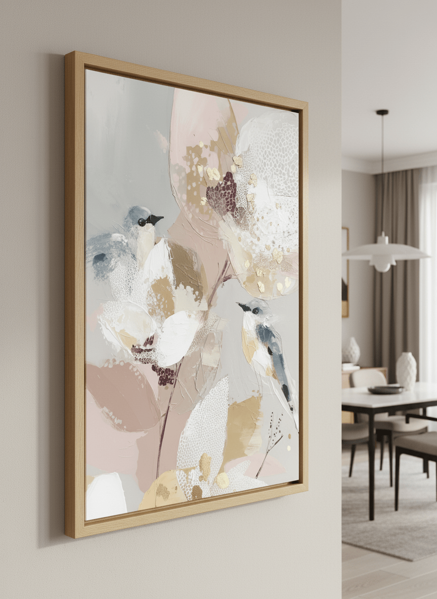 Wall art styled above a dining table in a contemporary home