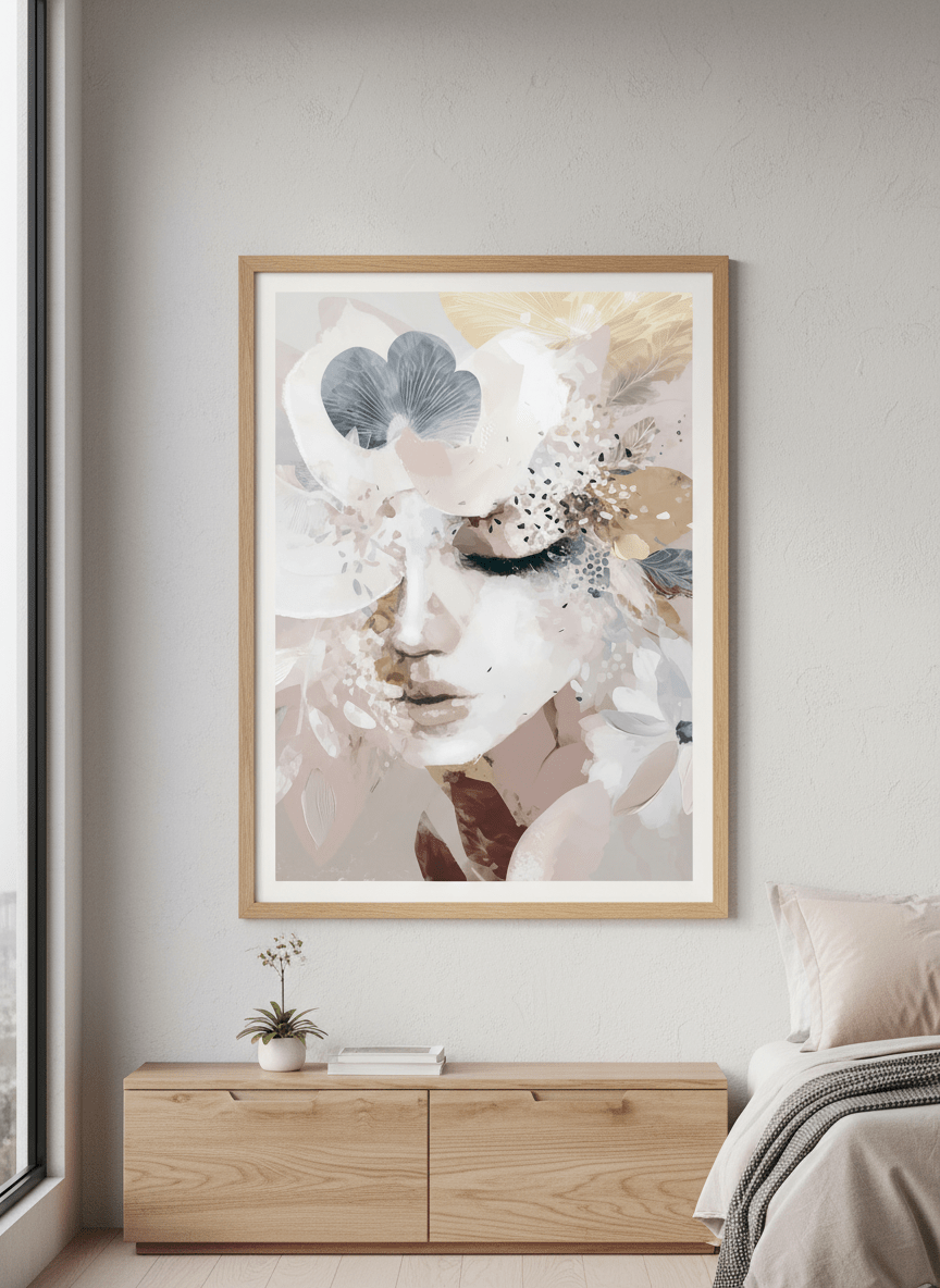Minimalist artwork displayed in a calm, light-filled bedroom interior