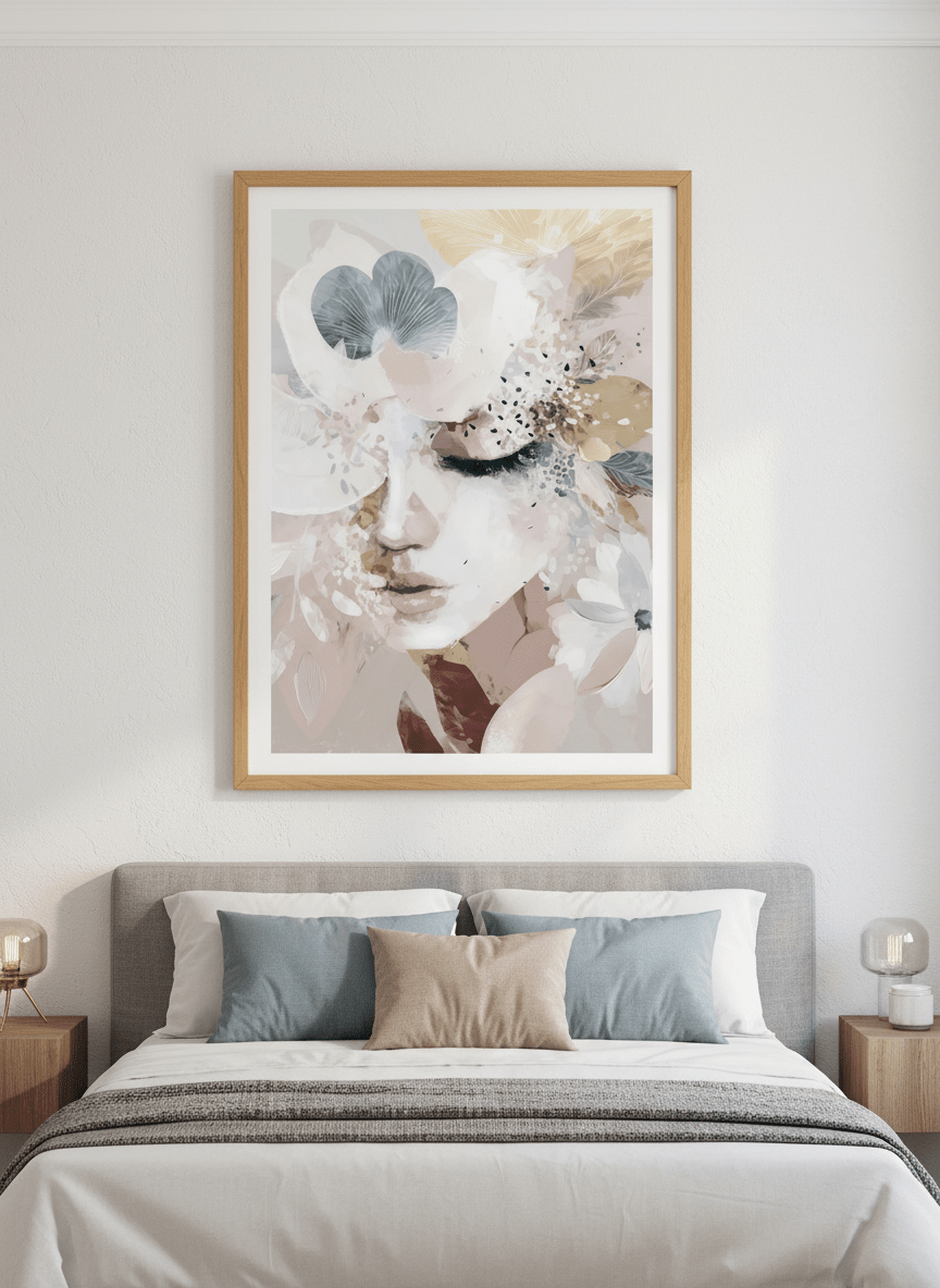 Minimalist artwork displayed in a calm, light-filled bedroom interior