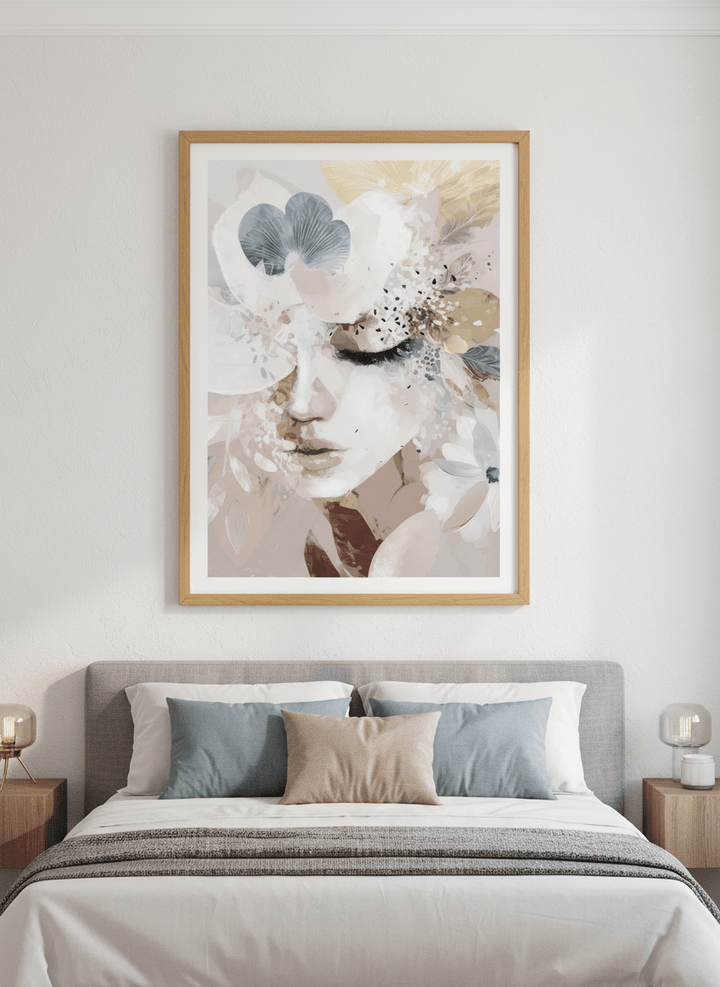 Minimalist artwork displayed in a calm, light-filled bedroom interior