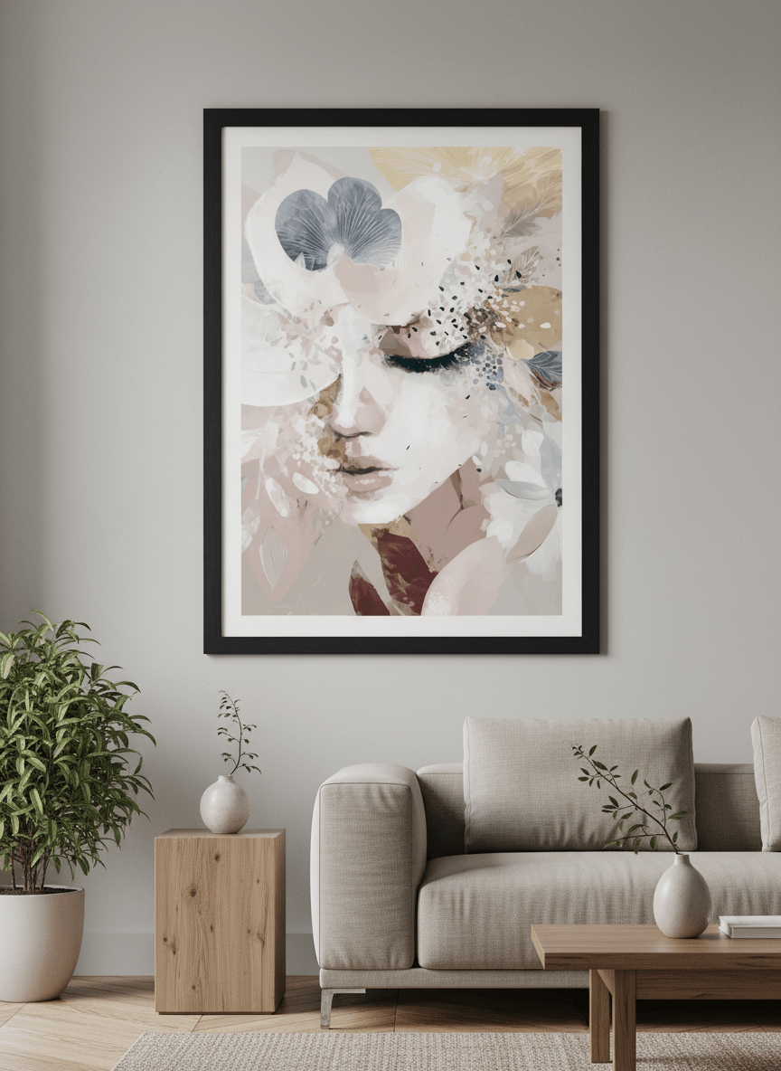 Modern wall art styled above a sofa in a neutral living room