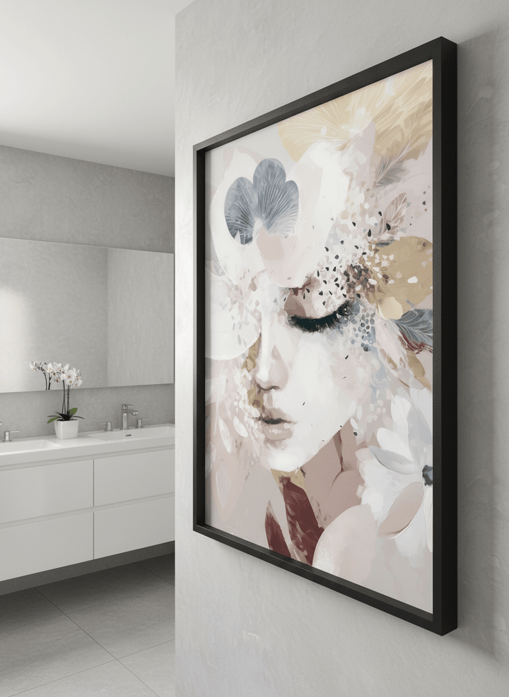 Modern print displayed in a clean minimalist bathroom setting