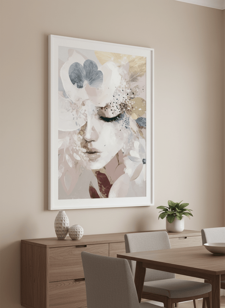 Wall art styled above a dining table in a contemporary home