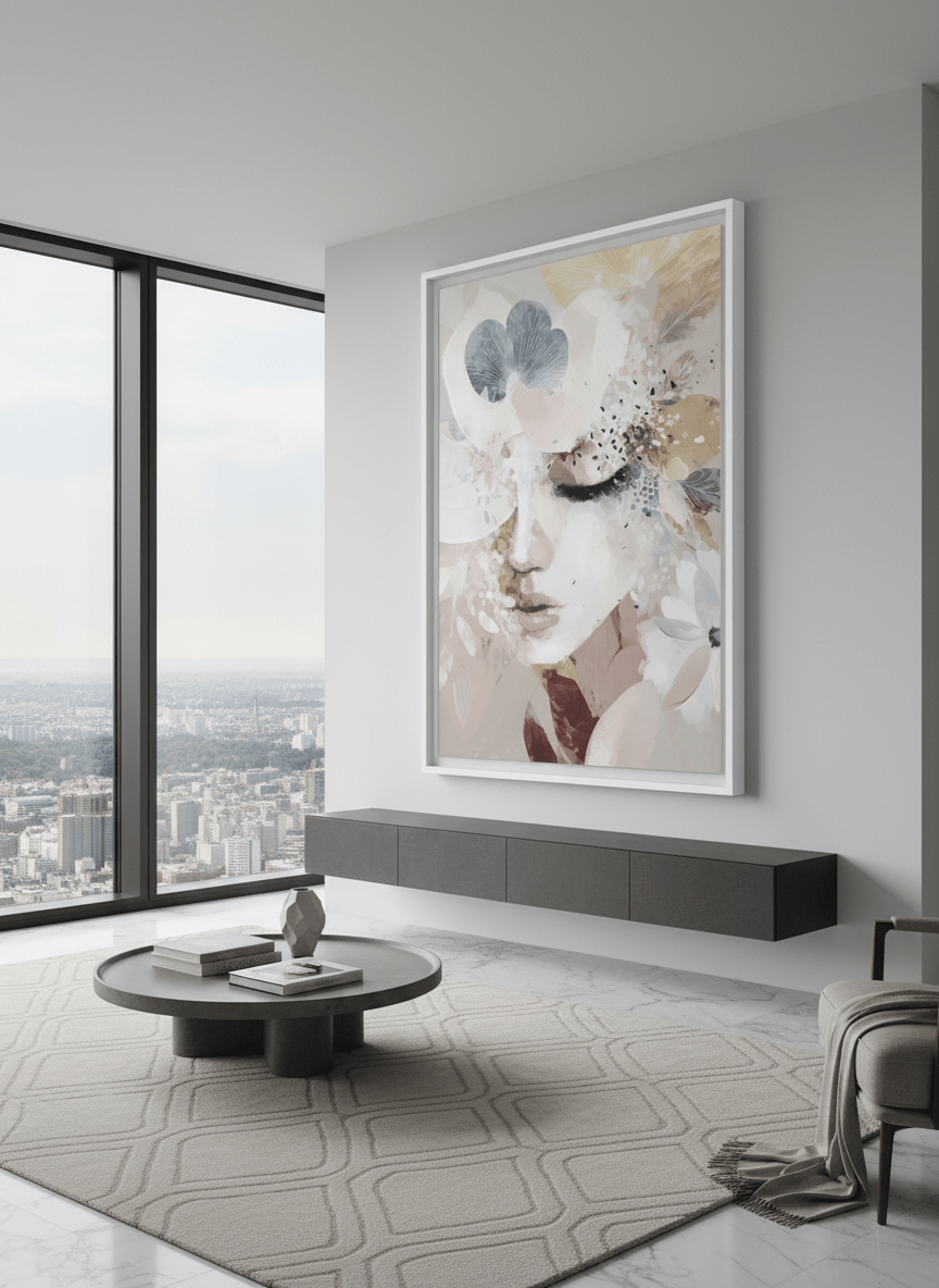 Monumental artwork centred on a feature wall in a luxe interior