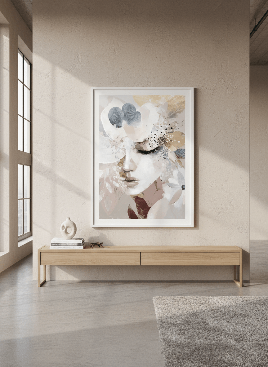Monumental artwork centred on a feature wall in a luxe interior