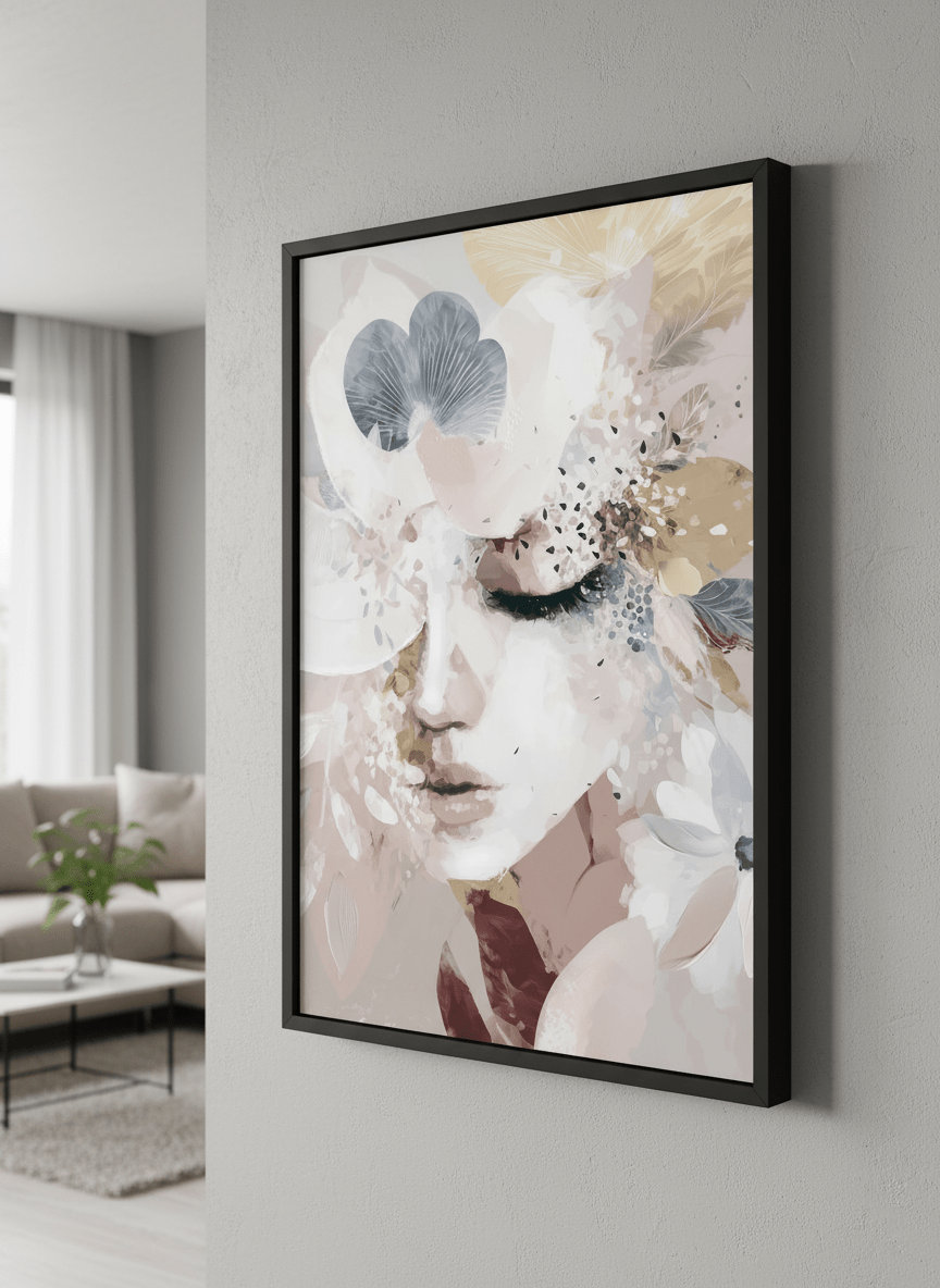 Modern wall art styled above a sofa in a neutral living room